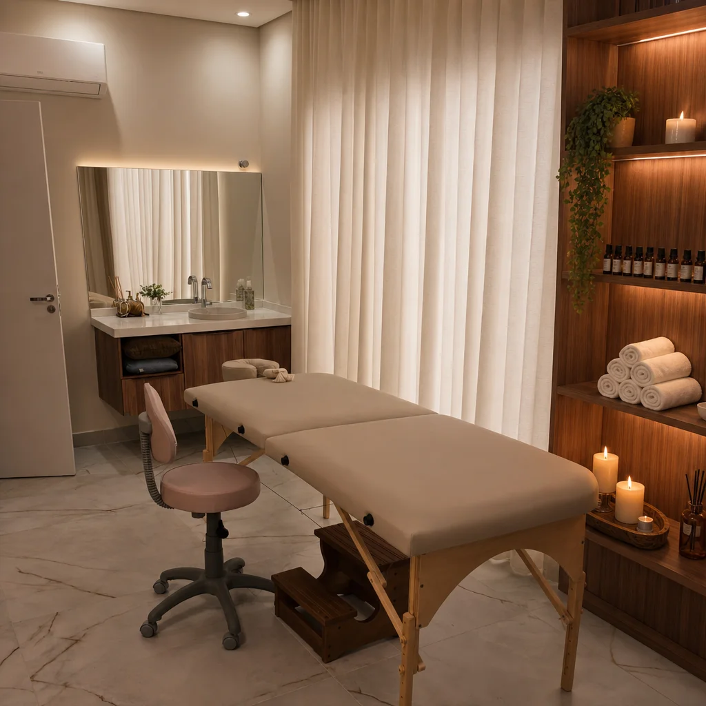 Ambiente de spa com óleos essenciais, toalhas e velas — We Hall Beauty Bauru