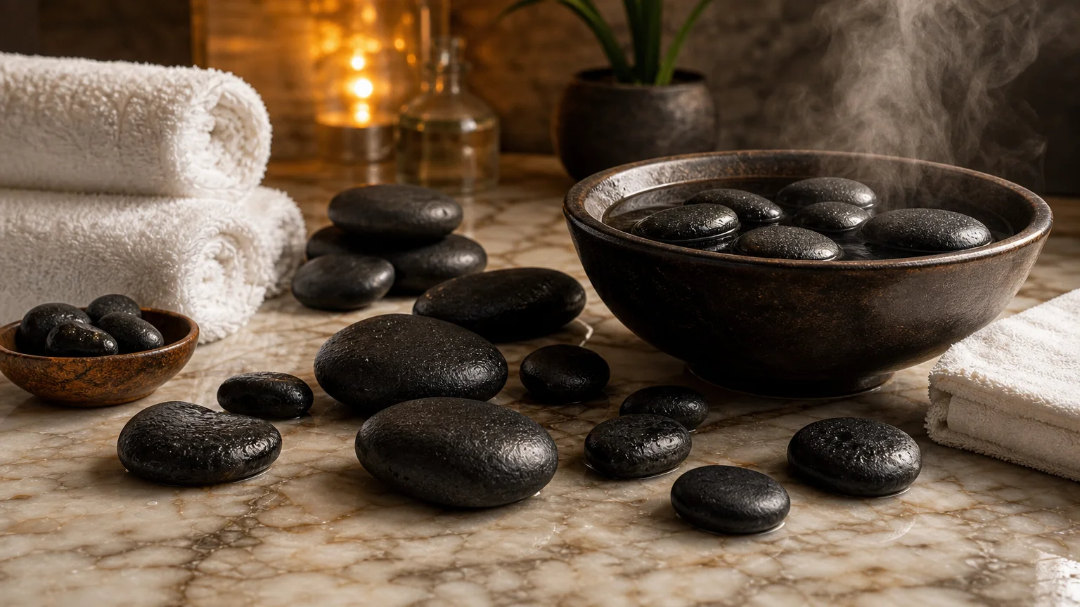 Pedras de basalto aquecidas para massagem no spa