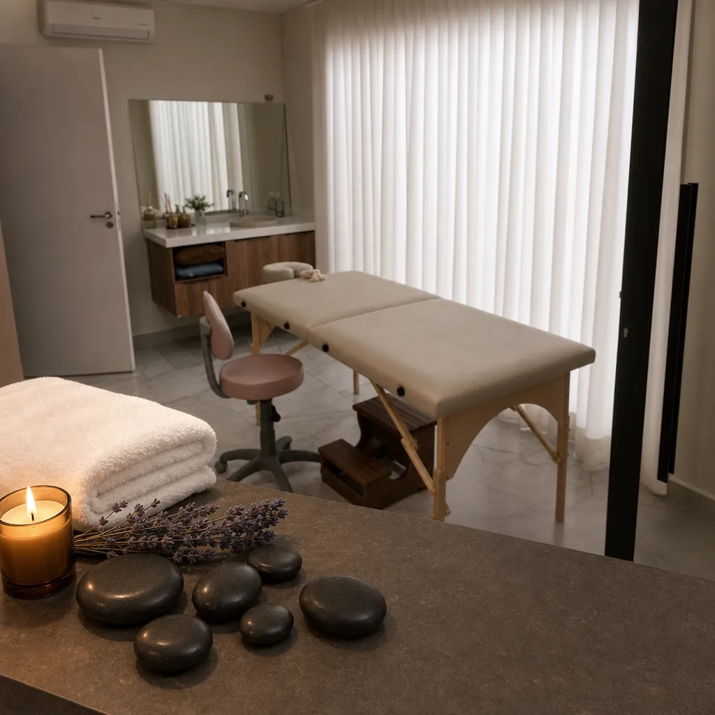 Pedras basálticas negras polidas organizadas para massagem com pedras quentes no SPA We Hall Beauty