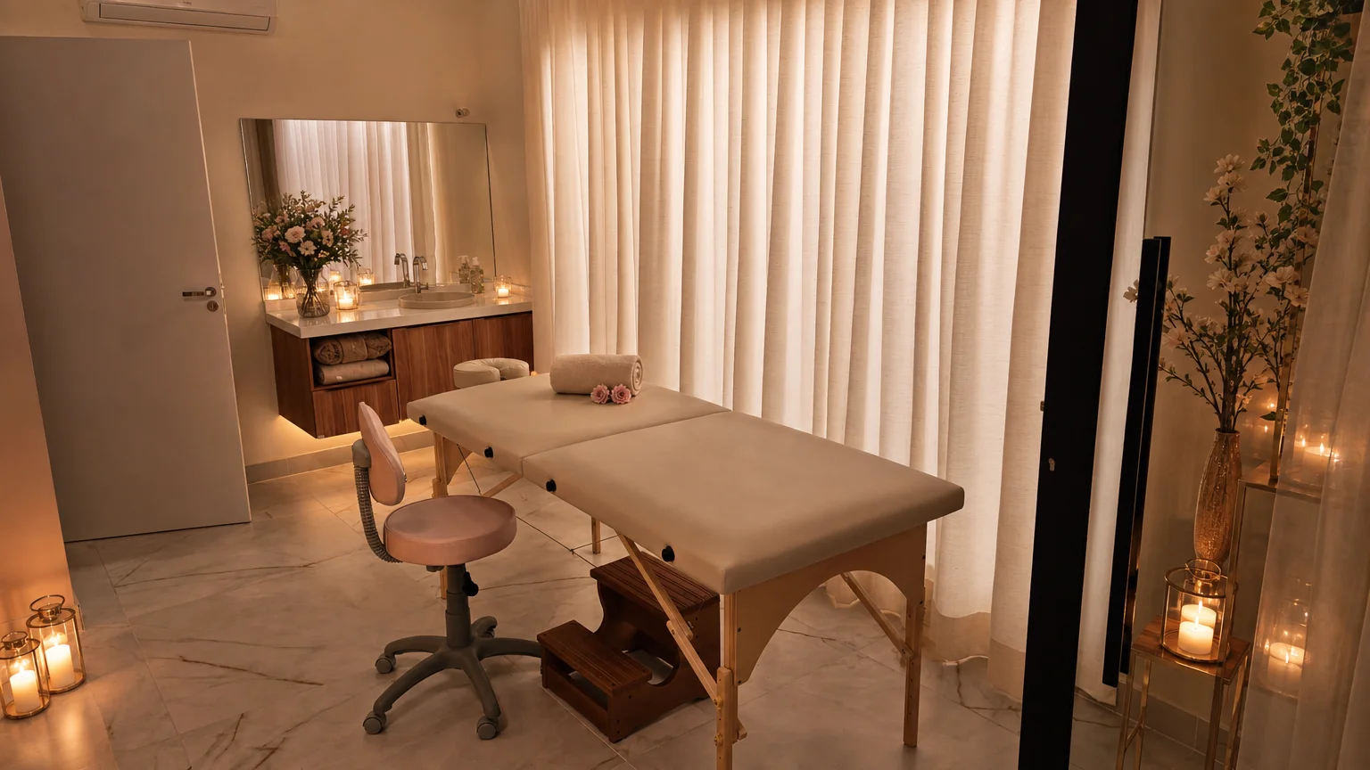 Sala de spa luxuosa com maca de massagem decorada com flores de primavera e iluminação suave