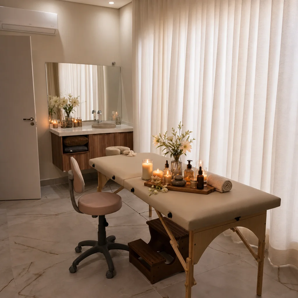 Mesa de spa com velas, óleos essenciais florais e pedras decorativas — composição elegante de aromaterapia