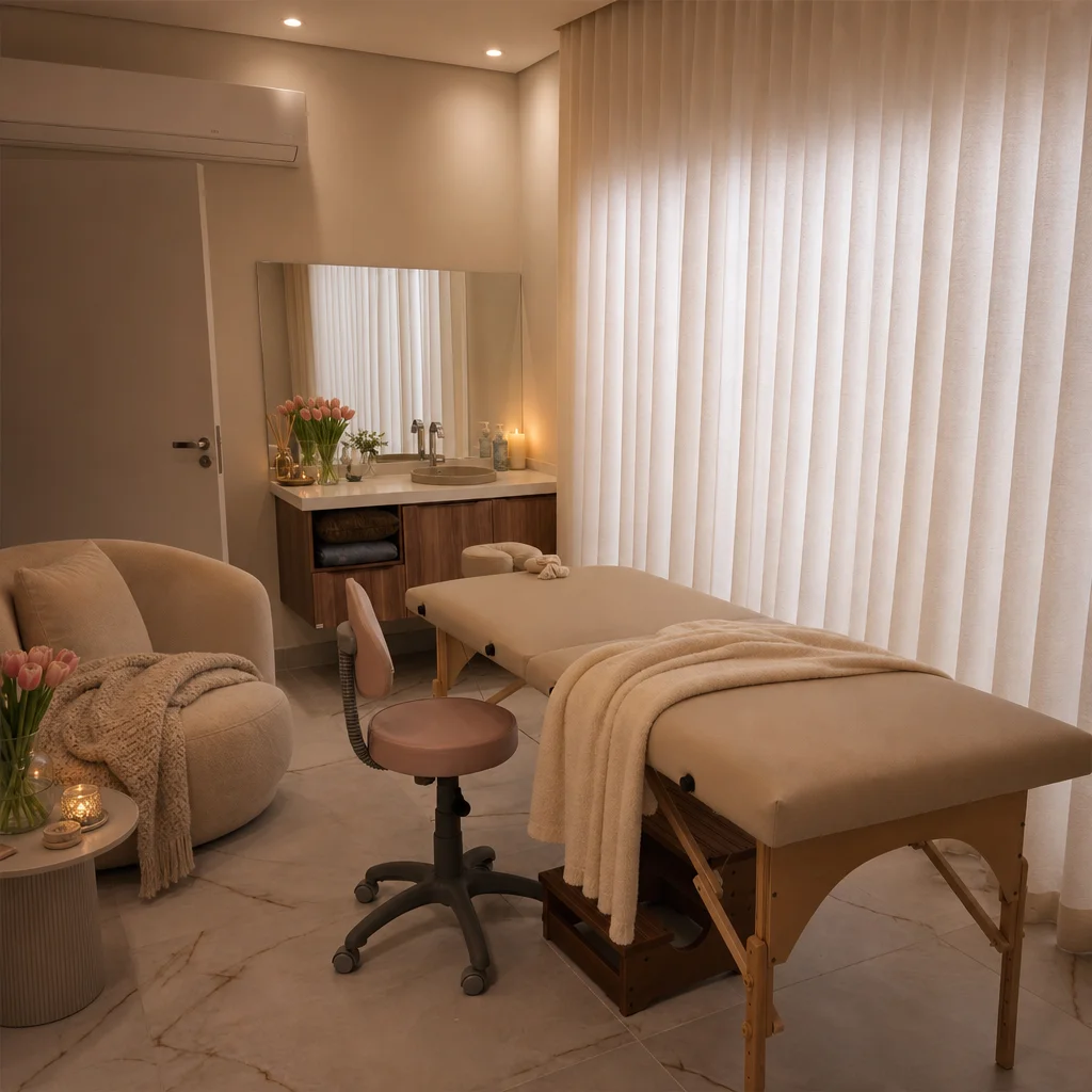 Espaço de descanso do spa com sofá aconchegante, flores e iluminação suave para relaxamento pós-massagem