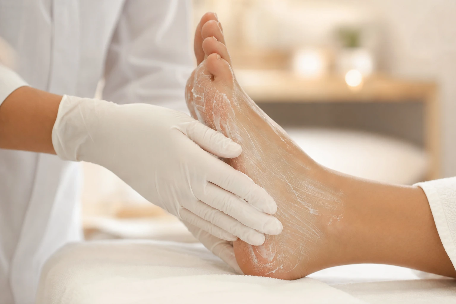 Aplicação de creme hidratante nos pés durante ritual de spa no We Hall Beauty