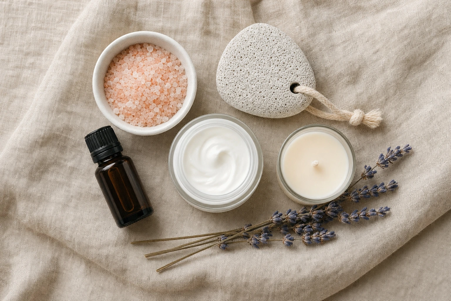Produtos do ritual de spa dos pés — sais, óleos e hidratante premium