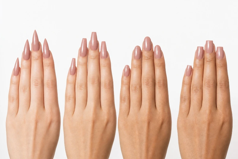 Diferentes formatos de alongamento de unhas: stiletto, ballerina, oval e quadrado
