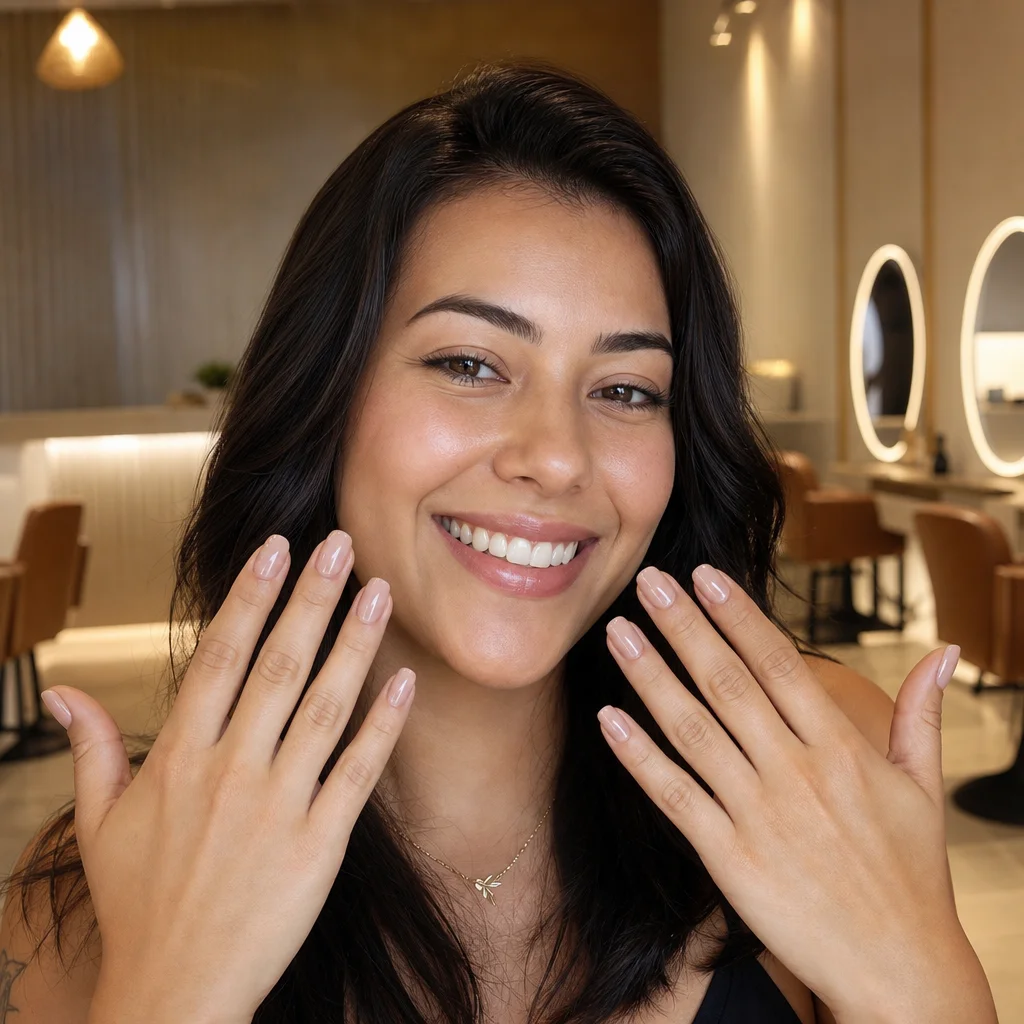 Resultado de unhas blindadas com esmalte impecável e brilho duradouro no We Hall Beauty em Bauru