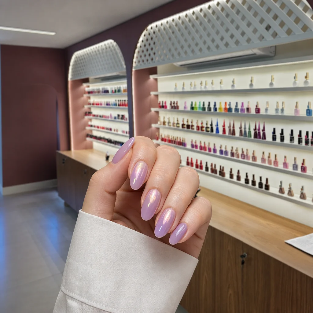 Close de unhas com acabamento perolado e jelly em tons lilás — textura suave e sofisticada