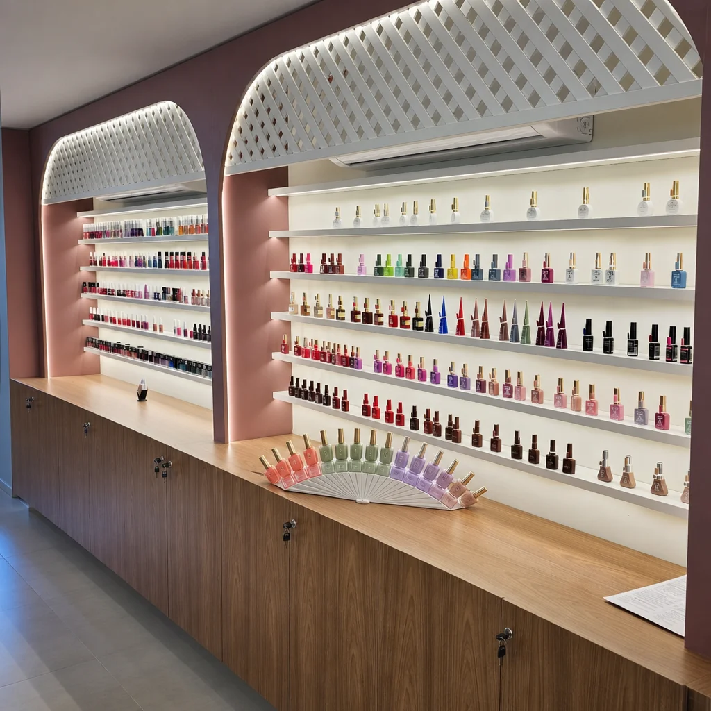 Leque de esmaltes com cores tendência primavera 2026 — coral, verde sage, lavanda e nude — sobre superfície branca