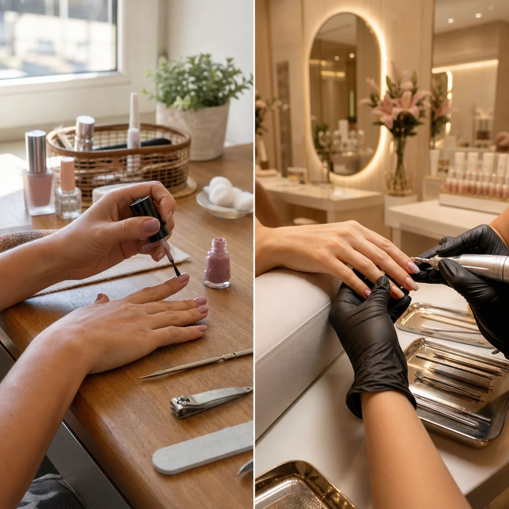 Comparação entre manicure profissional no salão We Hall Beauty em Bauru e autocuidado em casa
