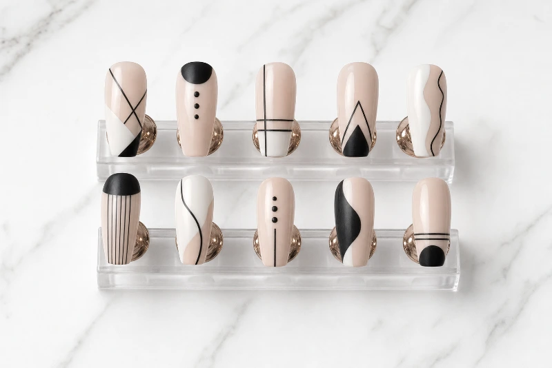 Designs de nail art minimalista e geométrica em alta para o inverno 2026