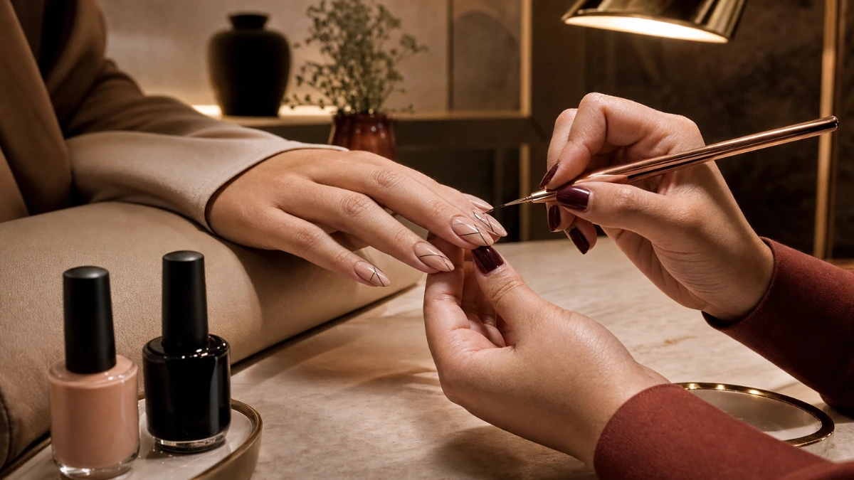 Nail art minimalista e geométrica aplicada profissionalmente no We Hall Beauty em Bauru