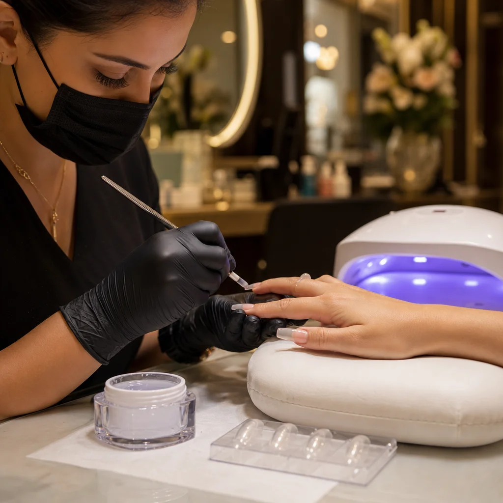 Aplicação de gel UV para alongamento de unhas em salão de Bauru