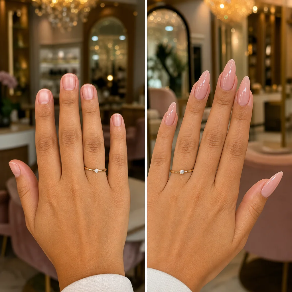 Comparação entre unhas naturais curtas e alongadas com gel em Bauru