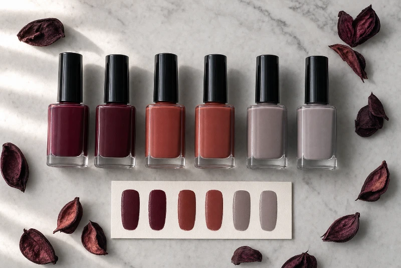 Paleta de cores tendência para unhas no inverno 2026: borgonha, verde musgo, nude caramelo