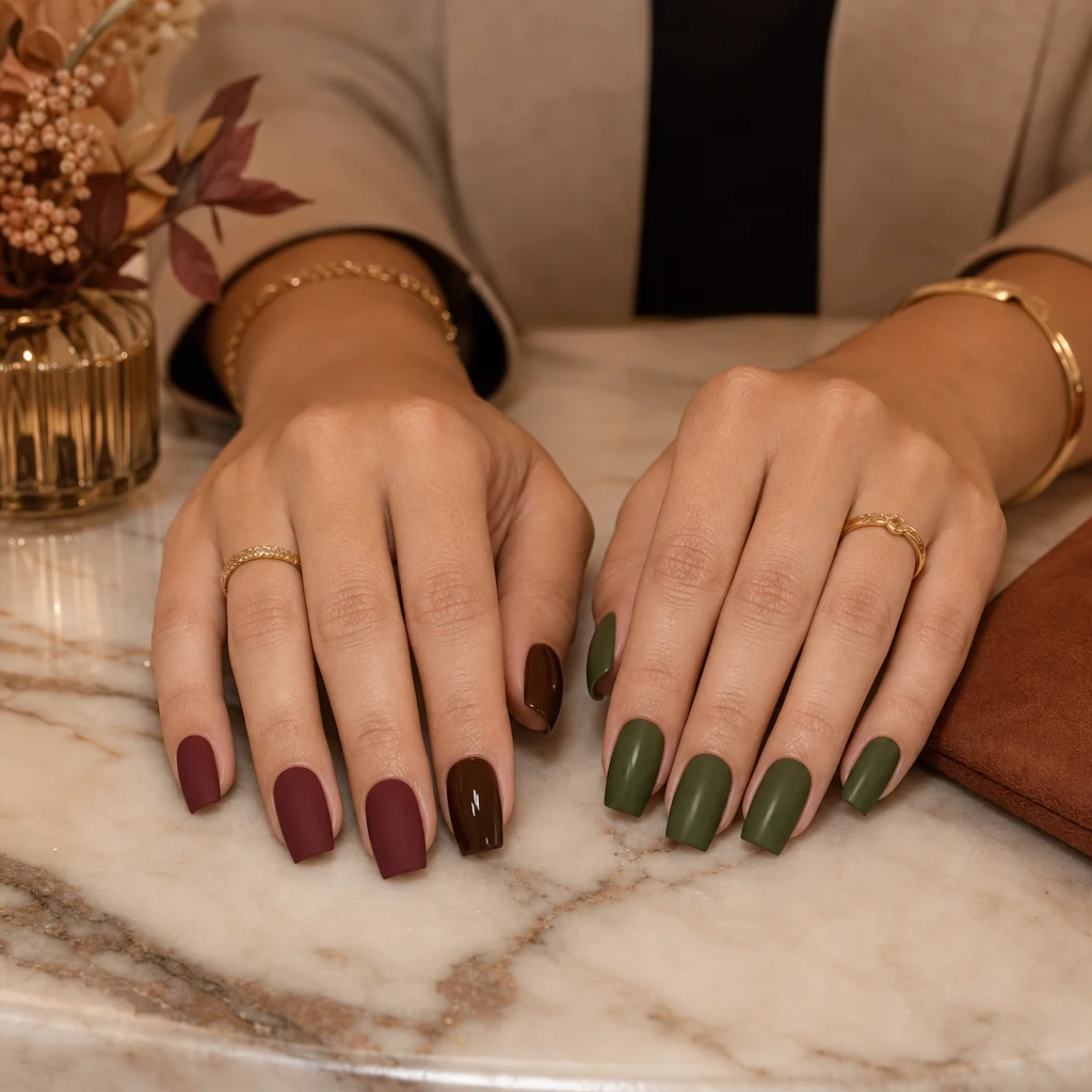 Cores de unhas outono inverno 2025: vinho, chocolate e verde musgo