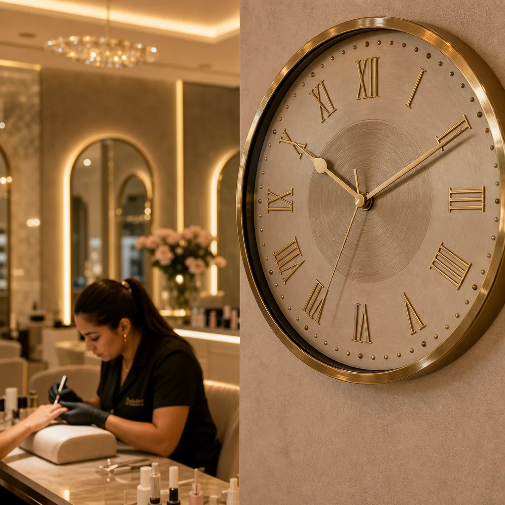 Relógio no salão de beleza We Hall Beauty em Bauru — compromisso com pontualidade