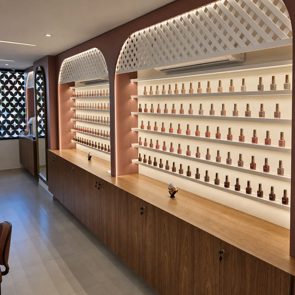 Paleta de esmaltes em tons terrosos e nudes alinhados sobre superfície clara