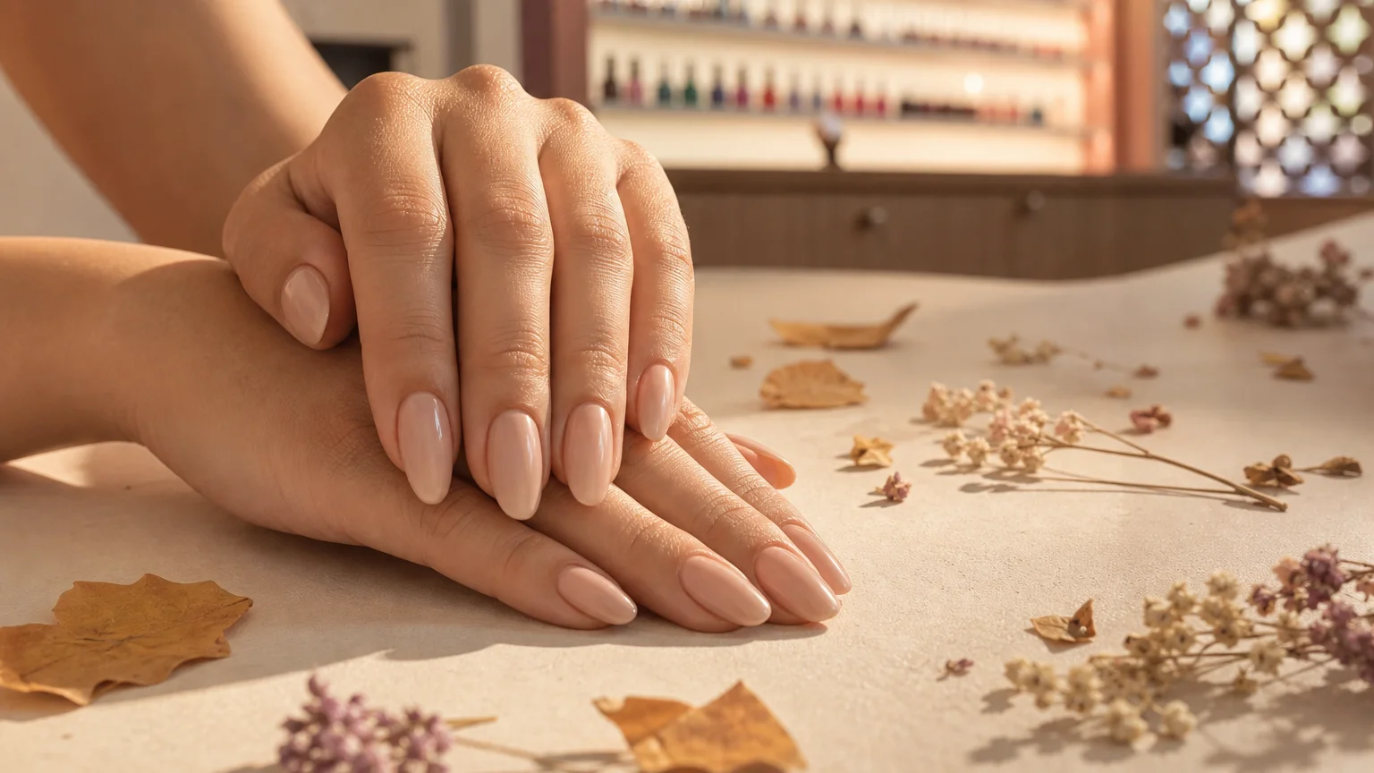 Mãos femininas com unhas em tom nude acetinado sobre flores secas e folhas, tendência primavera 2026
