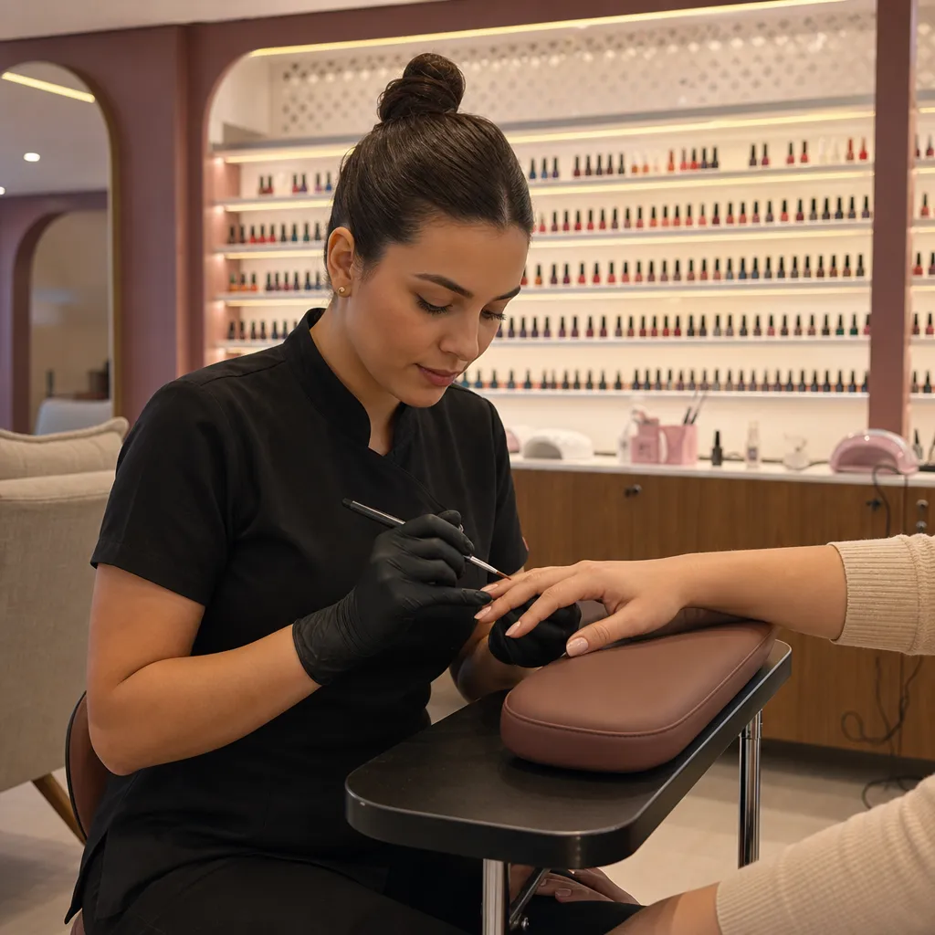 Manicure aplicando blindagem nas unhas de cliente no We Hall Beauty em Bauru