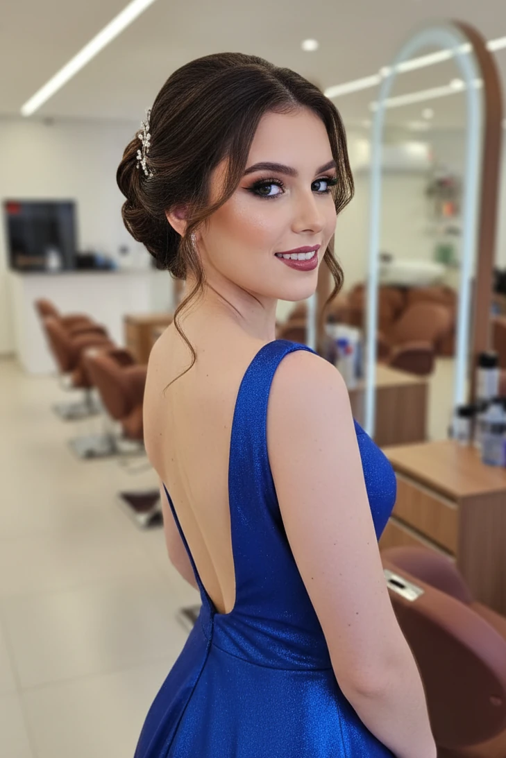 Penteado coque formanda vestido azul Bauru