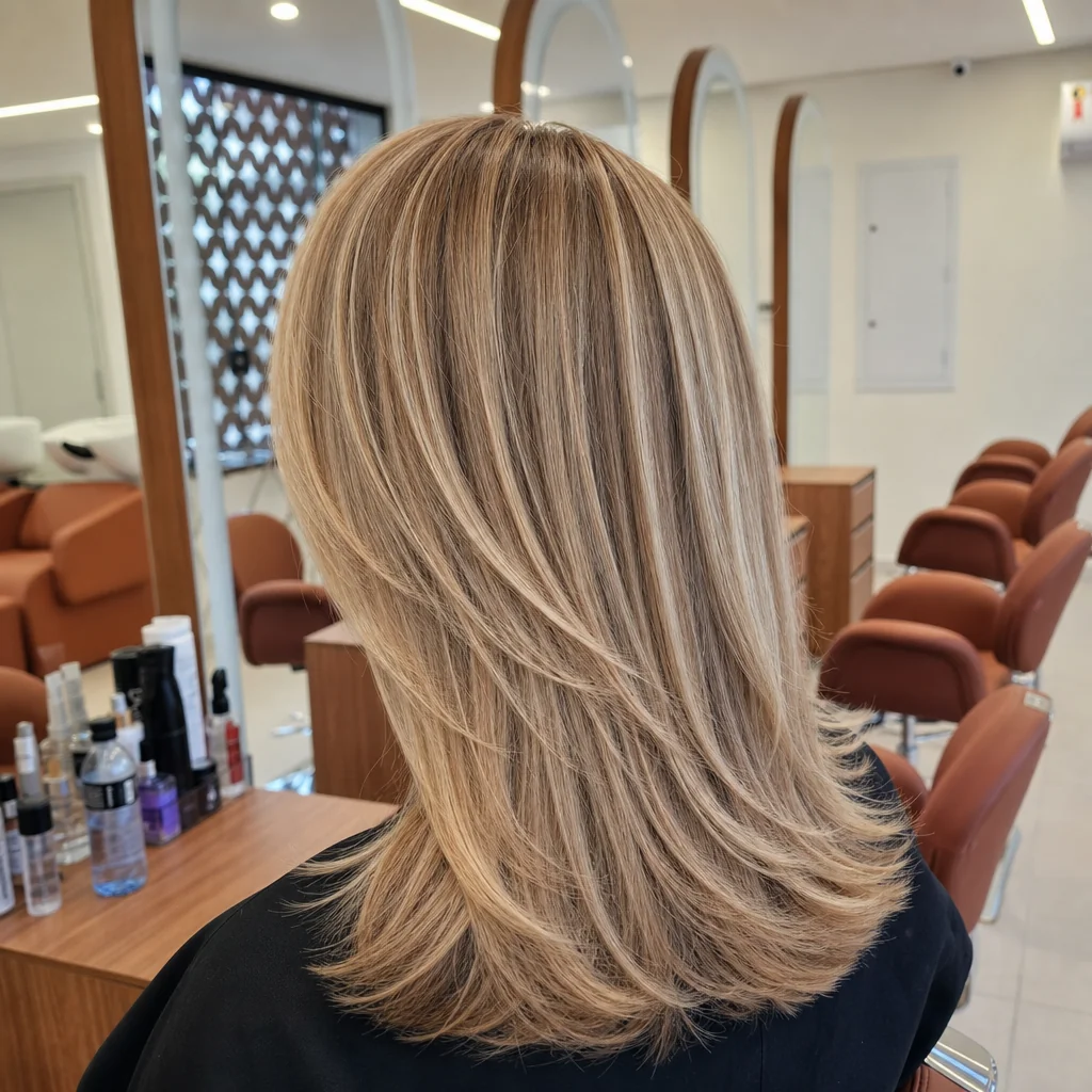 Cabelo loiro protegido pós-mechas no We Hall Beauty Bauru