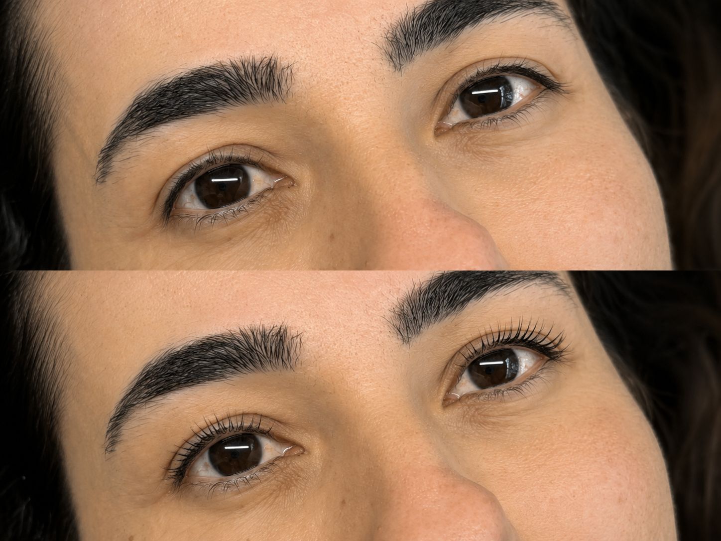 Resultado Lash Lifting — antes e depois, ângulo lateral